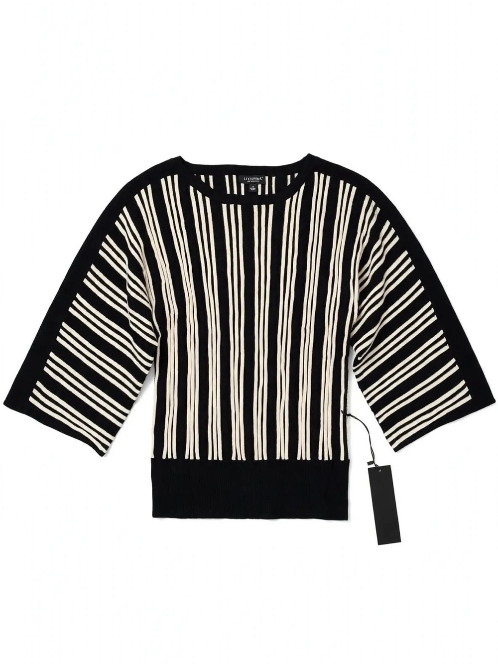 Liverpool NWT Black Ecru Vertical Stripe 3/4 Dolman Sweater $115 Cropped Wide Sl
